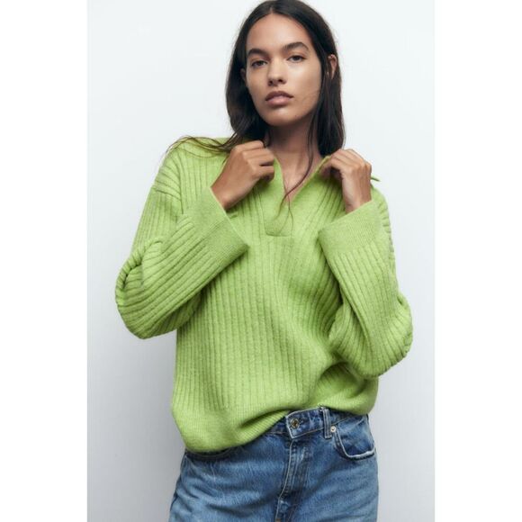 Lime Green Zara Ribbed Collared Long Sleeve Sweater (NWT) - Picture 1 of 6